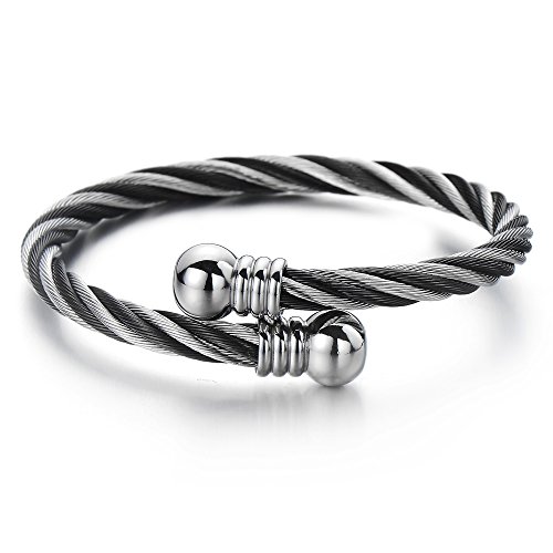 COOLSTEELANDBEYOND Elastische Verstellbare Edelstahl Herren-Armband Damen-Armband Verdrehten Stahlkabel Armreif von COOLSTEELANDBEYOND