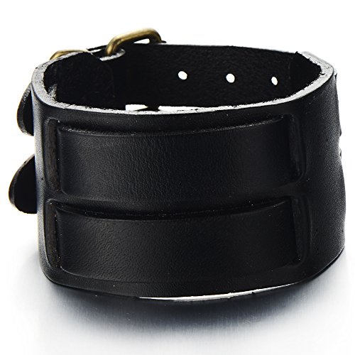 COOLSTEELANDBEYOND Große Leatherarmband für Herren Punk Rock Armreif Schwarz Echtes Leather mit Zwei Schnallen von COOLSTEELANDBEYOND