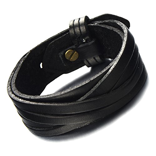 COOLSTEELANDBEYOND Klassiker Lederarmband Herrenarmband Schwarze Echtes Leder Schweißband Streifen-design von COOLSTEELANDBEYOND