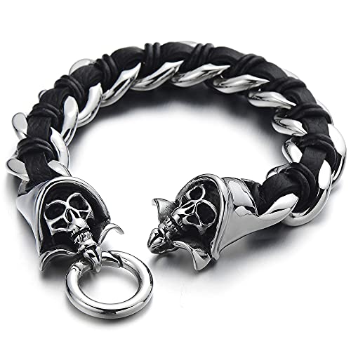 COOLSTEELANDBEYOND Schädel-Armband Panzerkette Geflochtenes Leder-Armband für Herren aus Edelstahl und Schwarz Echtem Leder von COOLSTEELANDBEYOND