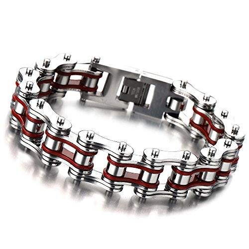 COOLSTEELANDBEYOND Top-Qualität Herren-Armband Fahrradkette Motorradkette aus Edelstahl Silber Rote Zwei Töne Hochglanz Poliert von COOLSTEELANDBEYOND