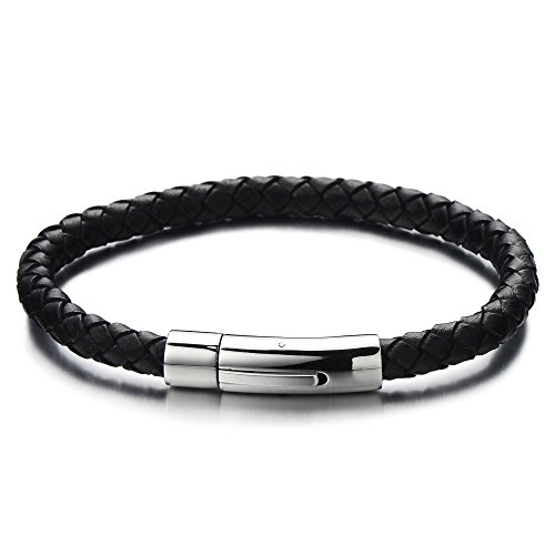 COOLSTEELANDBEYOND Unisex Dünn Leder-Armband für Herren für Damen Schwarz Geflochtenes Leder Armreif Schweißband mit Edelstahl Leiterverschluss von COOLSTEELANDBEYOND