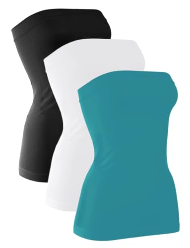 H HIAMIGOS 3 Pack Damen Trägerlos Baumwolle Lange Tupe Top Ärmellos Dehnbar Niedlich Bandeau Tops Nicht Gepolstert, Schwarz/Weiß/Blaugrün, XX-Large von H HIAMIGOS