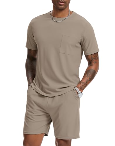 H Hellisal Kurzes Herren-Set, 2-teiliges Outfit, modisch, Sommer-Trainingsanzüge, Freizeit-Set, kurzärmelig und Shorts für Herren, Khaki, Large H Hellisal Kurzes Herren-Set, 2-teiliges Outfit, modisch, Sommer-Trainingsanzüge, Freizeit-Set, kurzärmelig und Shorts für Herren, Khaki, Large von H Hellisal