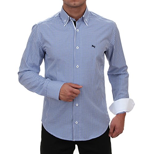 Doppel Kragen Hemd Slim Fit in Blau/Weiss kariert, für Herren Beste QUALITÄT, HK Mandel Slim Fit Langarm Besonderes Hemd Größe XL von H K Mandel