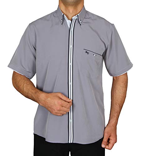 H K Mandel Vintage-inspiriertes Kurzarmhemd in elegantem Grau. Mikrofaser für höchsten Komfort, knitterfrei und ideal für Retro- oder Rockabilly-Outfits. Größe L von H K Mandel