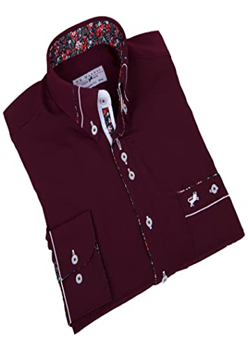 Weinrotes Designer-Hemd für Herren von HK Mandel im Regular Fit, Langarm, Nicht tailliert, mit Button-Down-Kragen - bunten Kontrastdetails, stilvoll - edel. Größe M von H K Mandel
