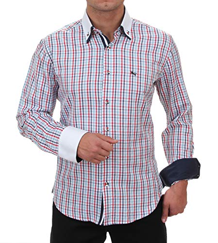 Slim Fit Hemd mit Doppelkragen in Rot/blau/Weiss kariert, für Herren Beste QUALITÄT, HKMandel Langarm Freizeit Hemd Größe S von H K Mandel