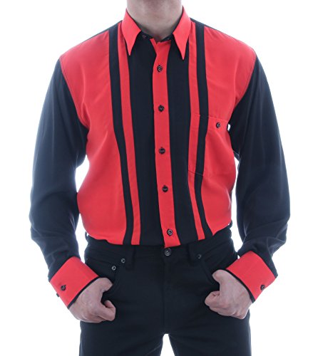 H K Mandel Elegantes Bühnenhemd in Blutorange mit schwarzen Akzenten. Langarm, verdeckte Knopfleiste, Button-Down-Kragen – perfekt für Show - Tanz. Größe L von H K Mandel