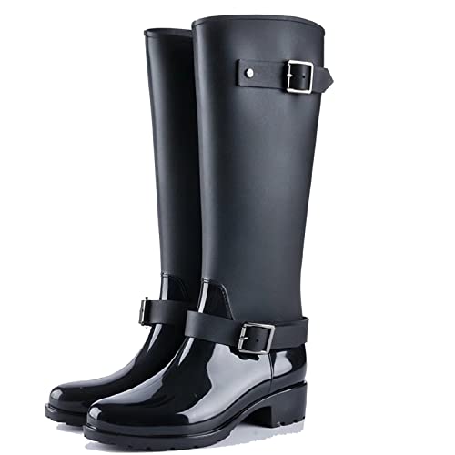 tqgold Gummistiefel Damen Langschaft Festival Hoch Regenstiefel mit Reißverschluss Absatz Leicht Modern Eva Wellington(Schwarz,Größe37) von tqgold