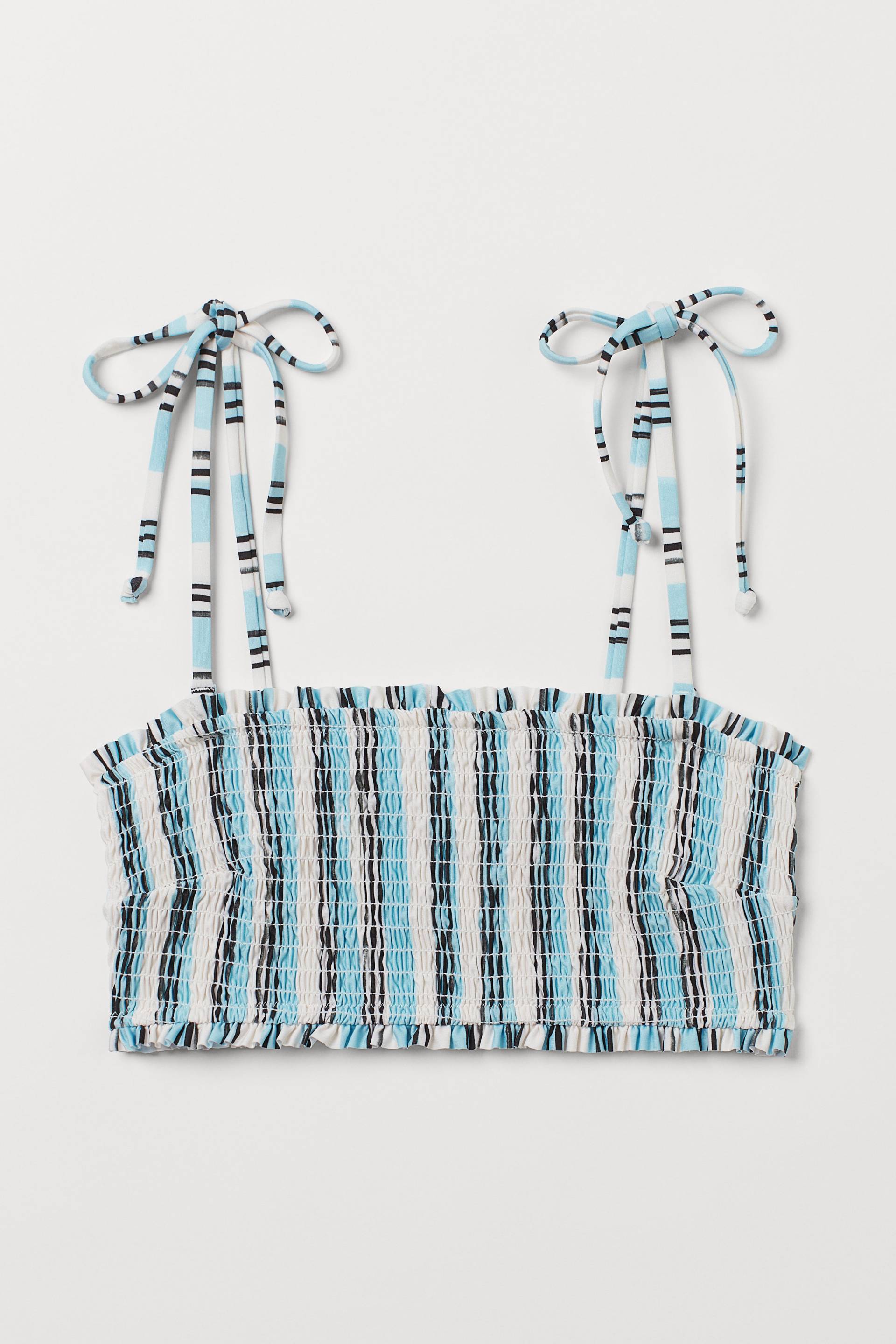H&M Gesmoktes Bikinitop Weiß/Türkis gestreift, Bikini-Oberteil in Größe 34. Farbe: White/turquoise striped von H&M
