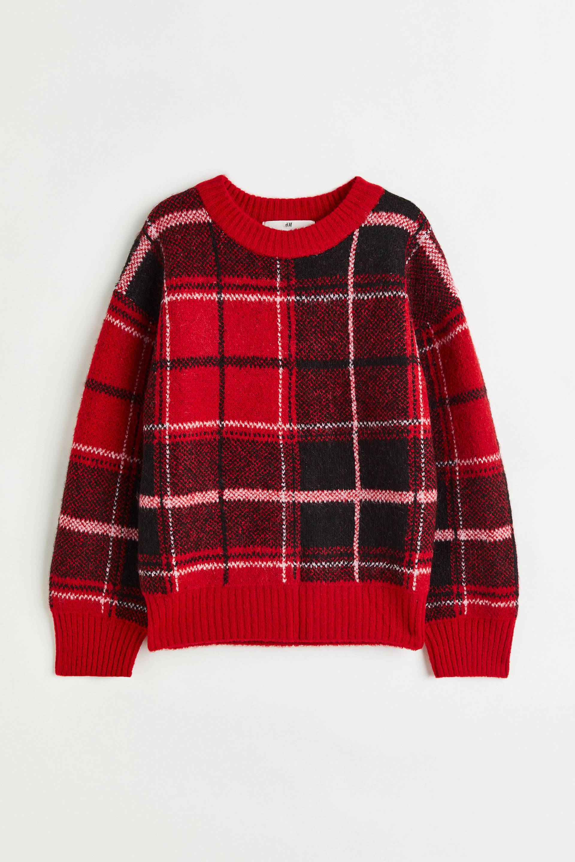 H&M Jacquard-Pullover Rot/Schwarz kariert in Größe 134/140. Farbe: Red/black checked von H&M