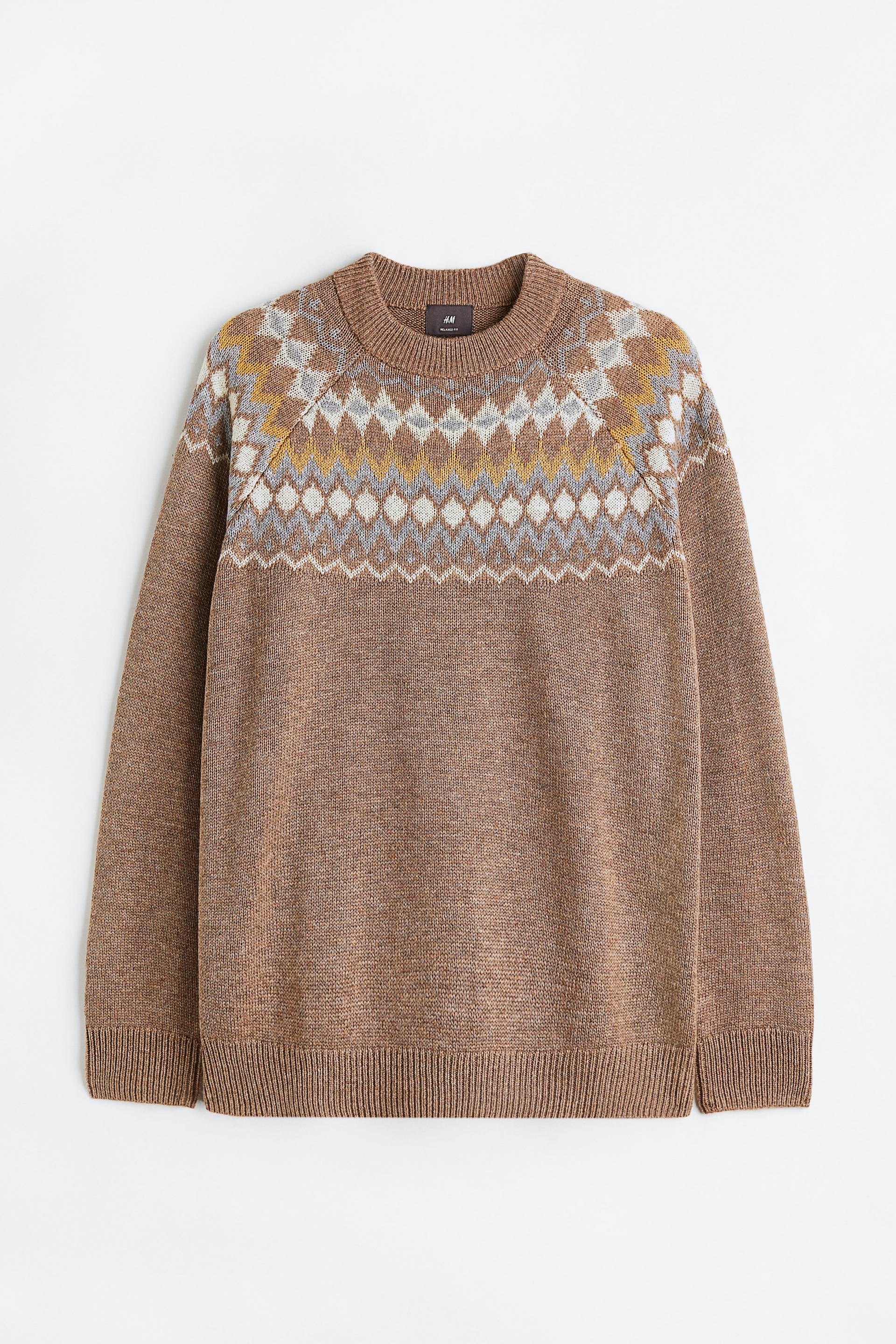 H&M Jacquardpullover Relaxed Fit Dunkelbeige/Gemustert in Größe XL. Farbe: Dark beige/patterned von H&M