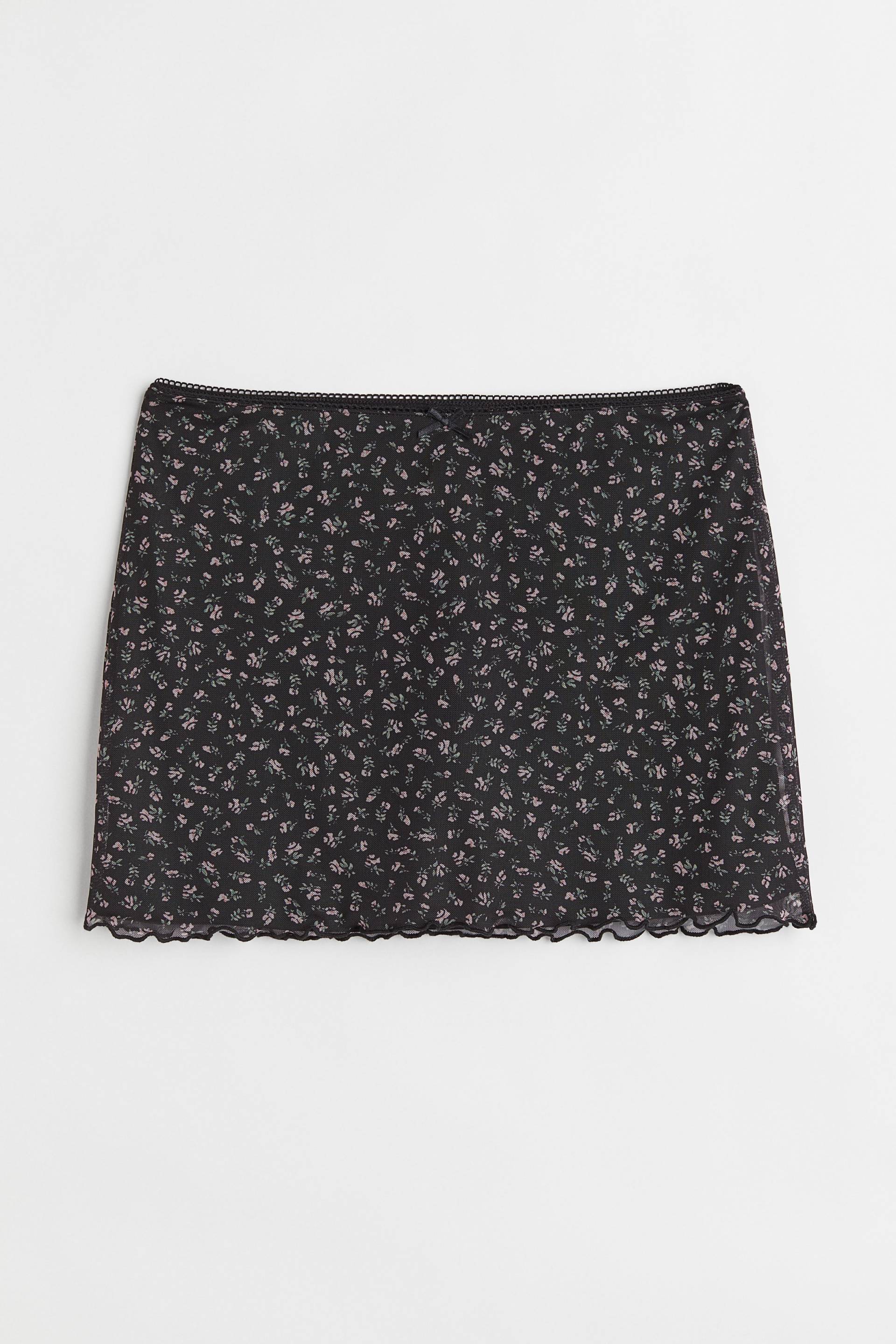 H&M Minirock aus Mesh Schwarz/Klein geblümt, Röcke in Größe L. Farbe: Black/small flowers von H&M