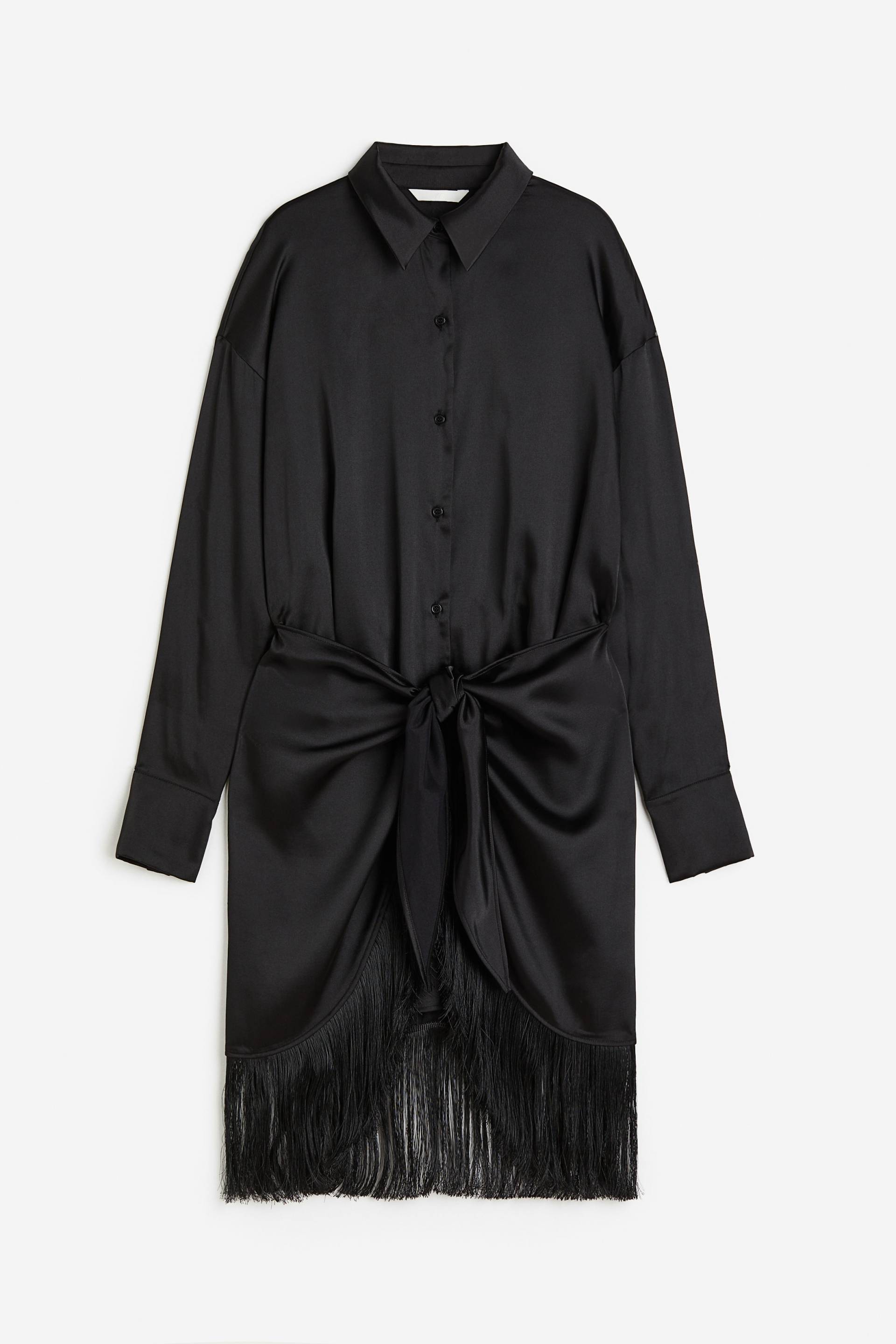H&M Blusenkleid mit Fransenbesatz Schwarz, Party kleider in Größe M. Farbe: Black von H&M