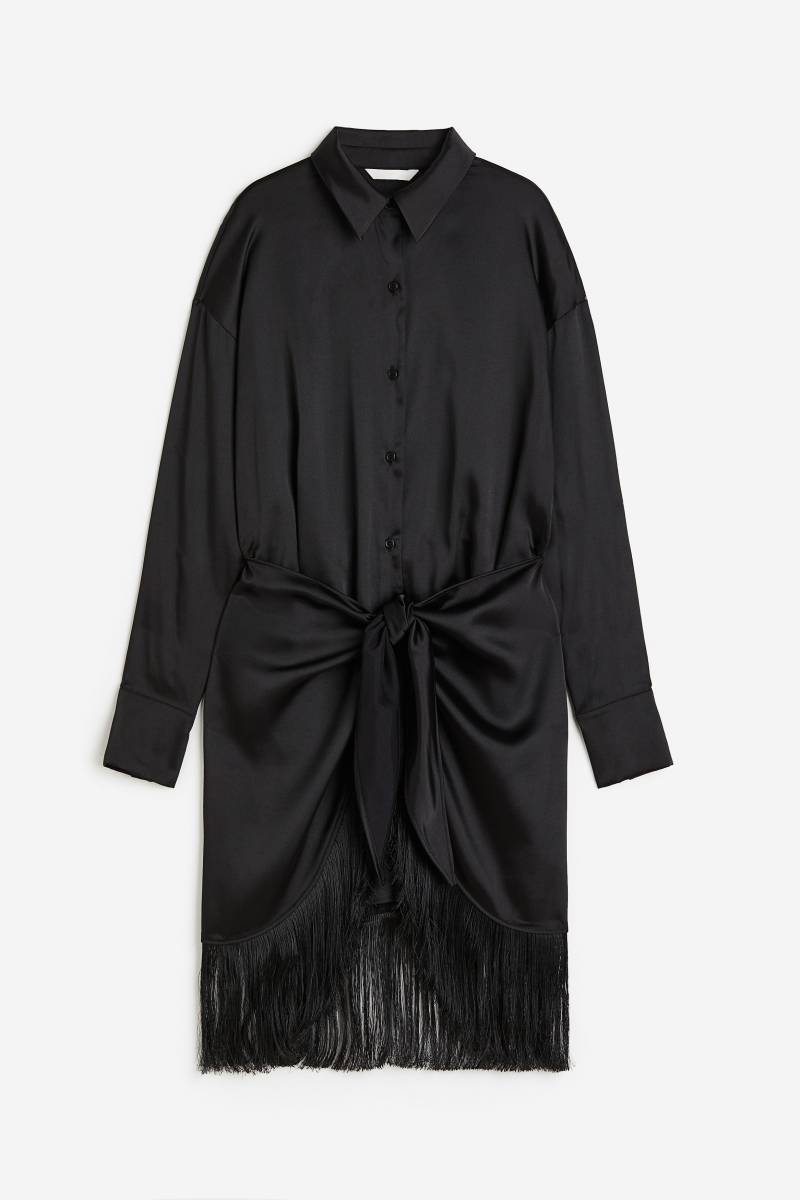 H&M Blusenkleid mit Fransenbesatz Schwarz, Party kleider in Größe XS. Farbe: Black von H&M