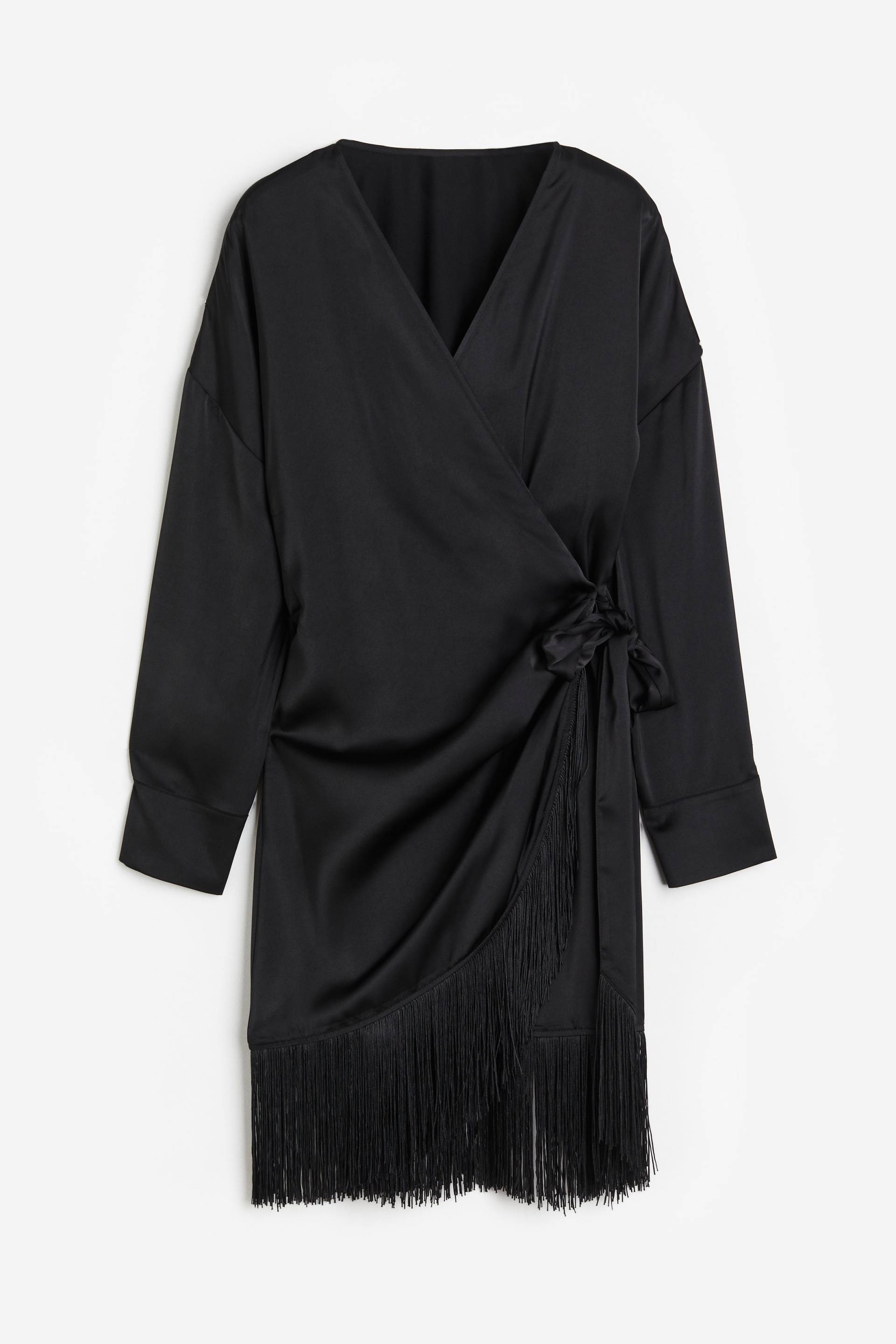 H&M Wickelkleid aus Satin mit Fransenbesatz Schwarz, Alltagskleider in Größe M. Farbe: Black von H&M