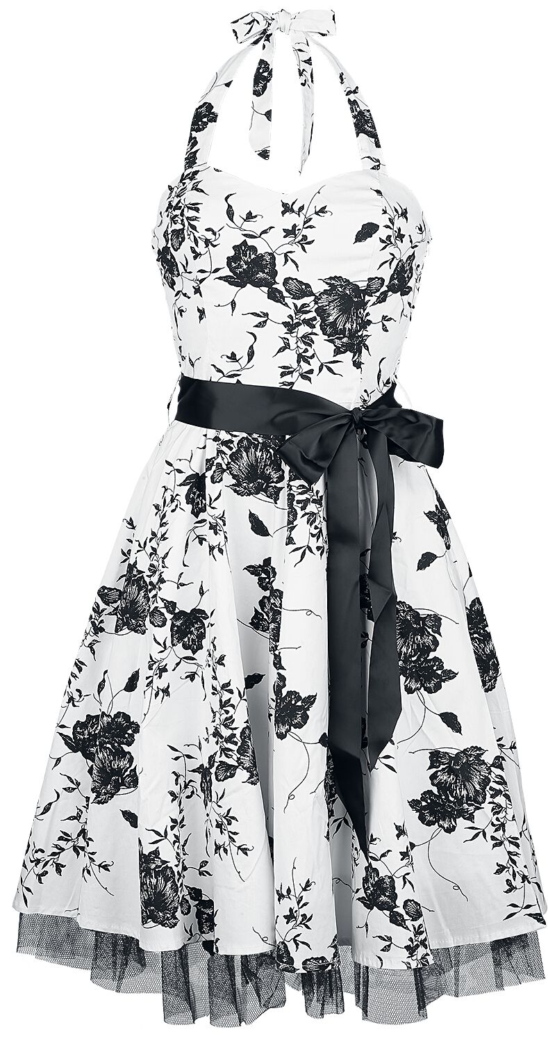 H&R London - Rockabilly Kleid knielang - Floral Long Dress - XS bis XXL - für Damen - Größe M - weiß/schwarz von H&R London