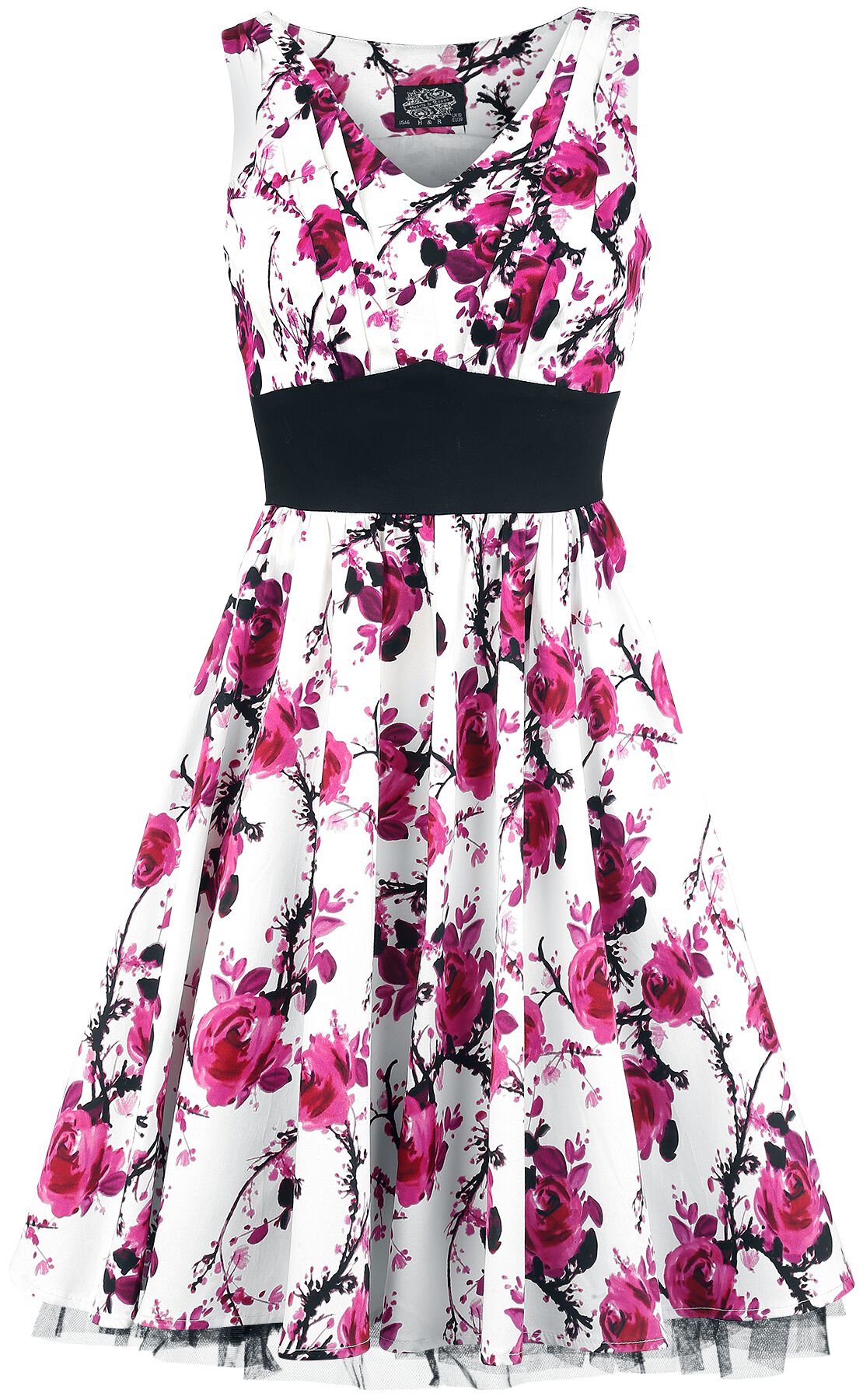 H&R London - Rockabilly Kleid knielang - Pink Floral Dress - XS bis XXL - für Damen - Größe L - weiß/pink von H&R London