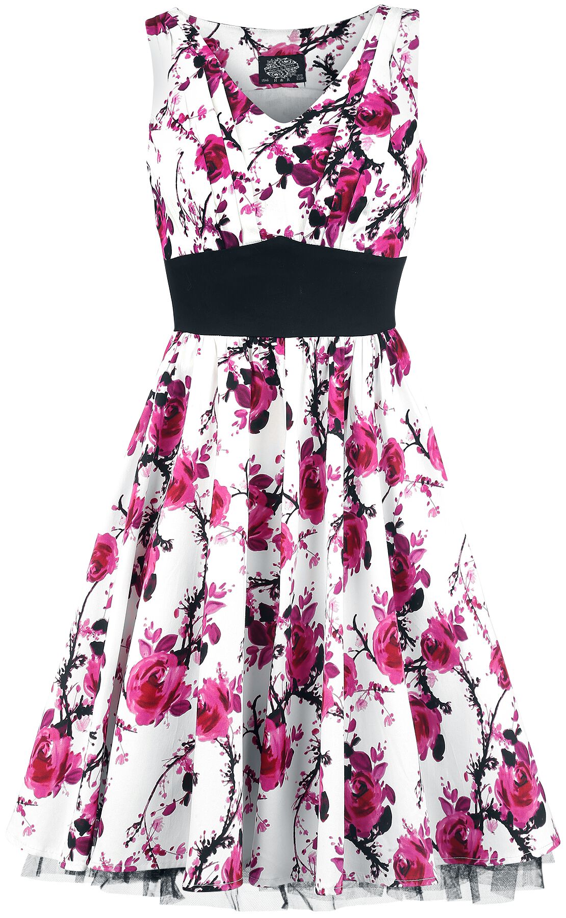 H&R London - Rockabilly Kleid knielang - Pink Floral Dress - XS bis XXL - für Damen - Größe M - weiß/pink von H&R London