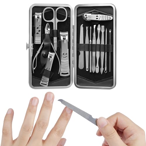 H&S Set Manicure and Pedicure for Men and Women - 14pcs - Stainless Steel Nail Care Kit - Cuticle Removers and Nail Clippers with Leather Case-Black von H&S