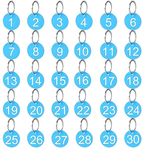 H&W Zahlenanhänger 1-30,30 Stück 35mm Runde Schlüsselanhänger mit Zahlen,Plastikzahlenanhänger mit Schlüsselringen,Zahlenschlüsselanhänger für Wohnheimschlüssel Hausschließfächer(Blau) von H&W