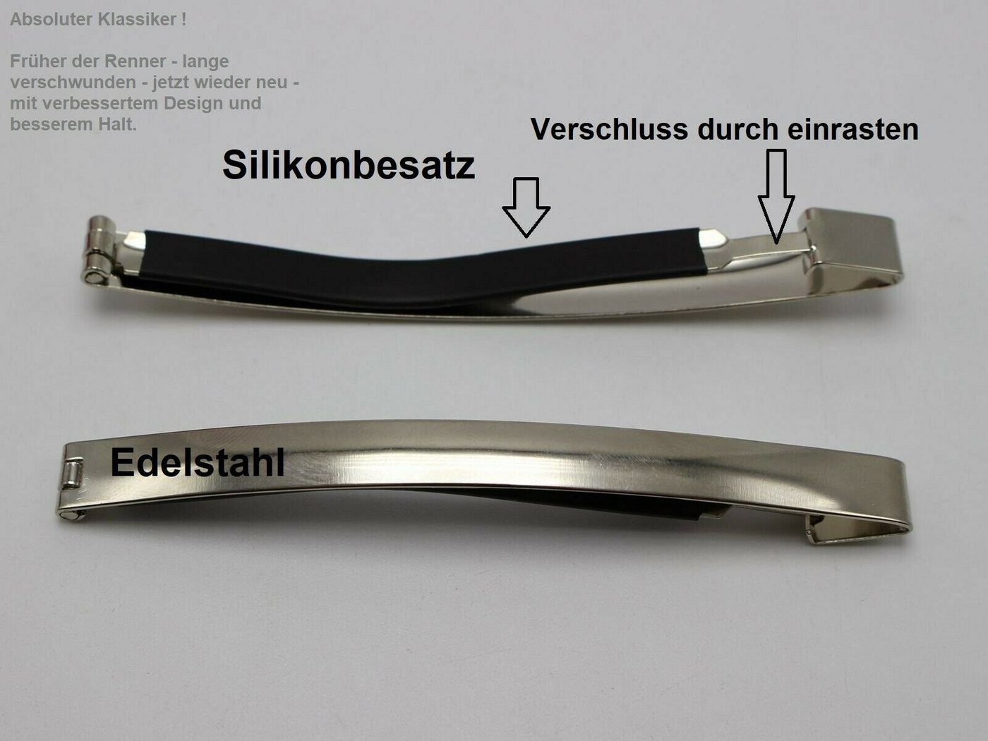 H.E.S. Haarspange Haarspange Edelstahl Silikonbesatz der absolute Klassiker., Vorteilspack, 2-tlg., Spar-Set 2 x Edelstahlspangen mit Silikonbesatz, weniger Haarbruch, Silikonbesatz, auch für dünne Haare H.E.S. Haarspange Haarspange Edelstahl Silikonbesatz der absolute Klassiker., Vorteilspack, 2-tlg., Spar-Set 2 x Edelstahlspangen mit Silikonbesatz, weniger Haarbruch, Silikonbesatz, auch für dünne Haare von H.E.S.