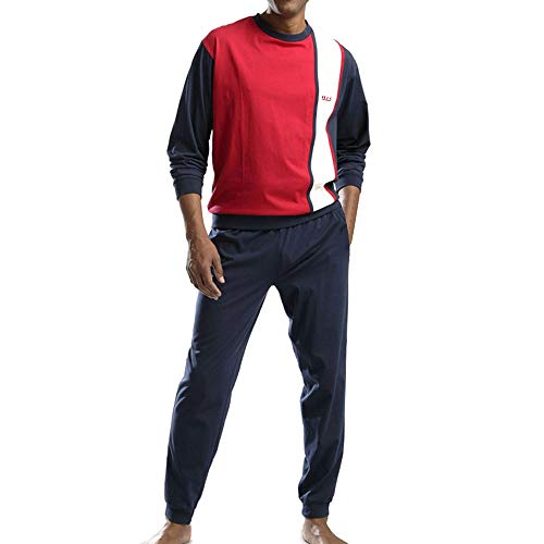 HIS Herren Schlafanzug Pyjama Rundhals-Ausschnitt (48/50, blau rot Weiss) von H.I.S