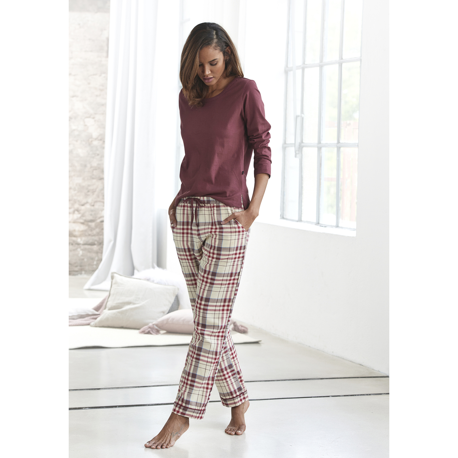 H.I.S Damen Pyjama bordeaux/bordeaux-creme-kariert Gr.46 H.I.S Damen Pyjama bordeaux/bordeaux-creme-kariert Gr.46 von H.I.S