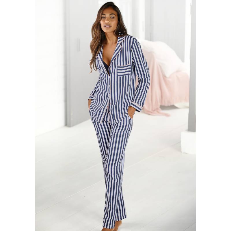 H.I.S Damen Pyjama dunkelblau-weiß-gestreift Gr.44/46 von H.I.S