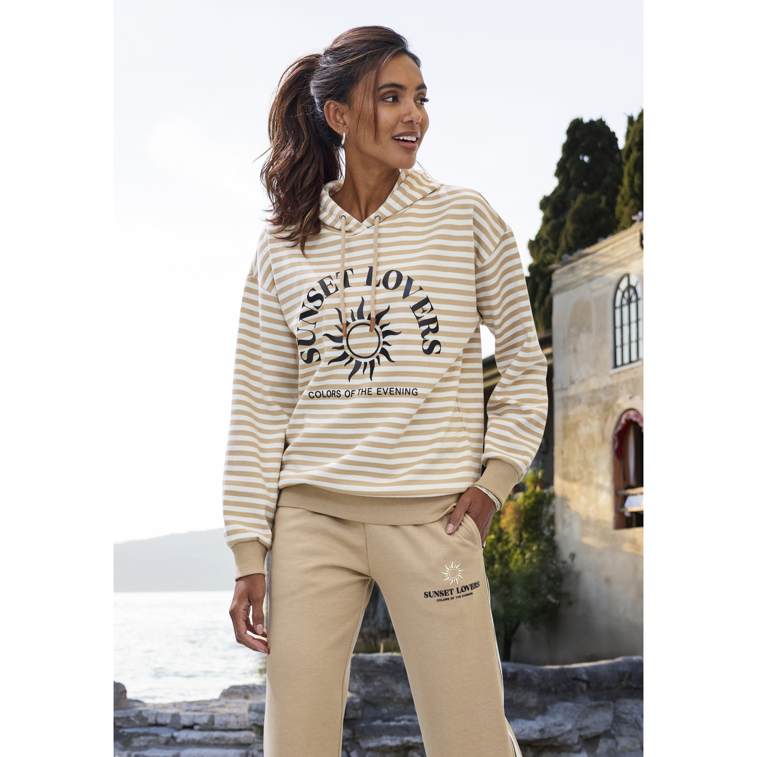 H.I.S Kapuzenpullover Damen camel gestreift Gr.44/46 von H.I.S