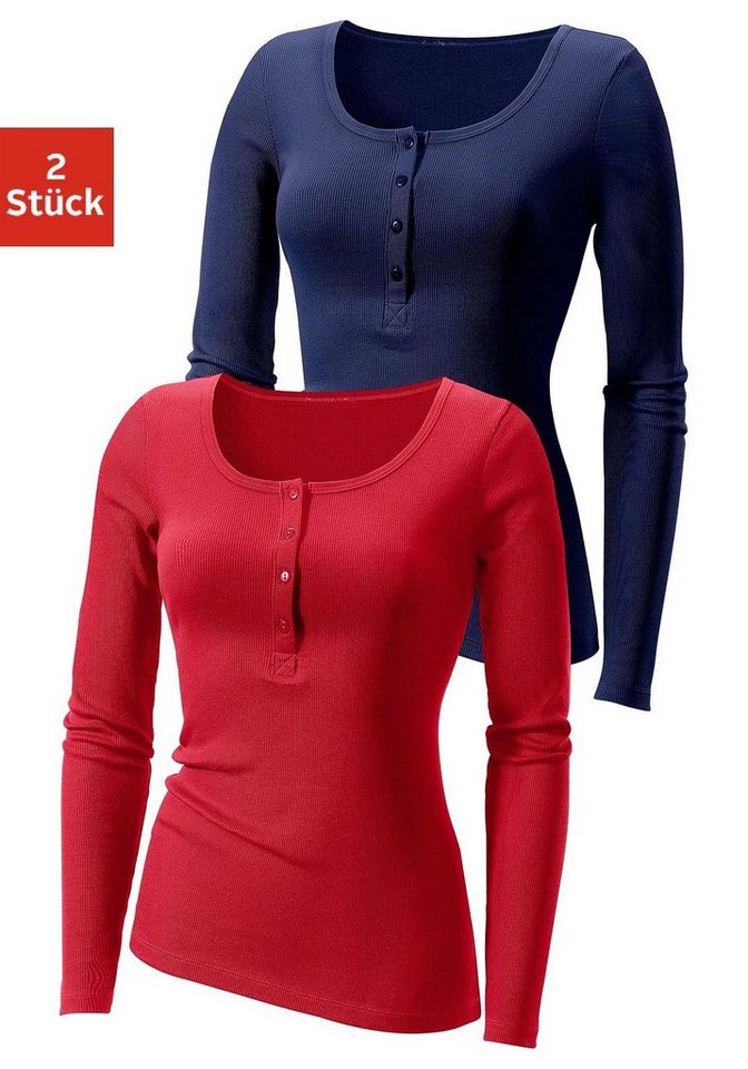 H.I.S Langarmshirt mit kurzer Knopfleiste (2er-Pack) aus modischer Rippqualität von H.I.S