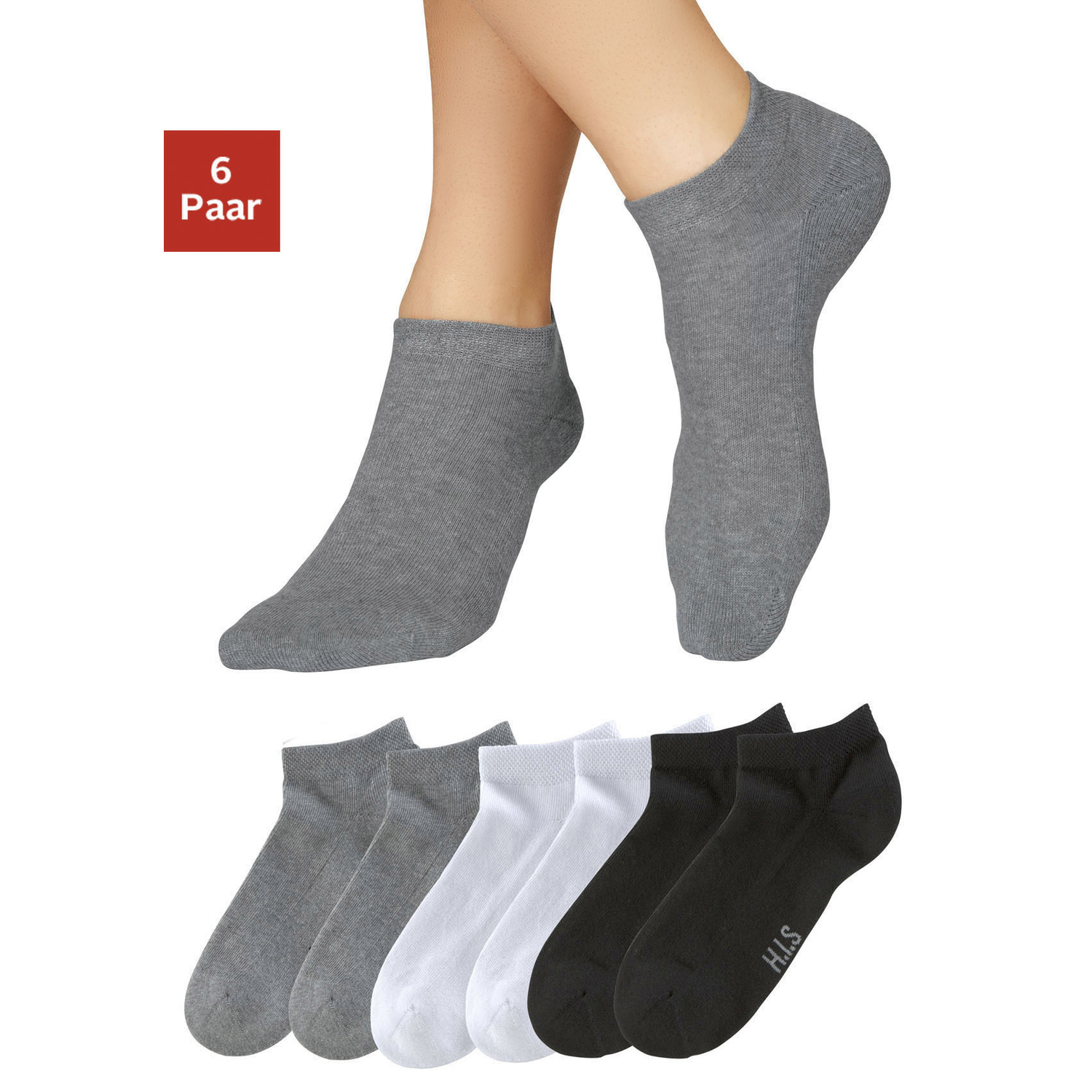 H.I.S Sneakersocken Damen 2x schwarz, 2x weiß, 2x grau-meliert Gr.43-46 von H.I.S