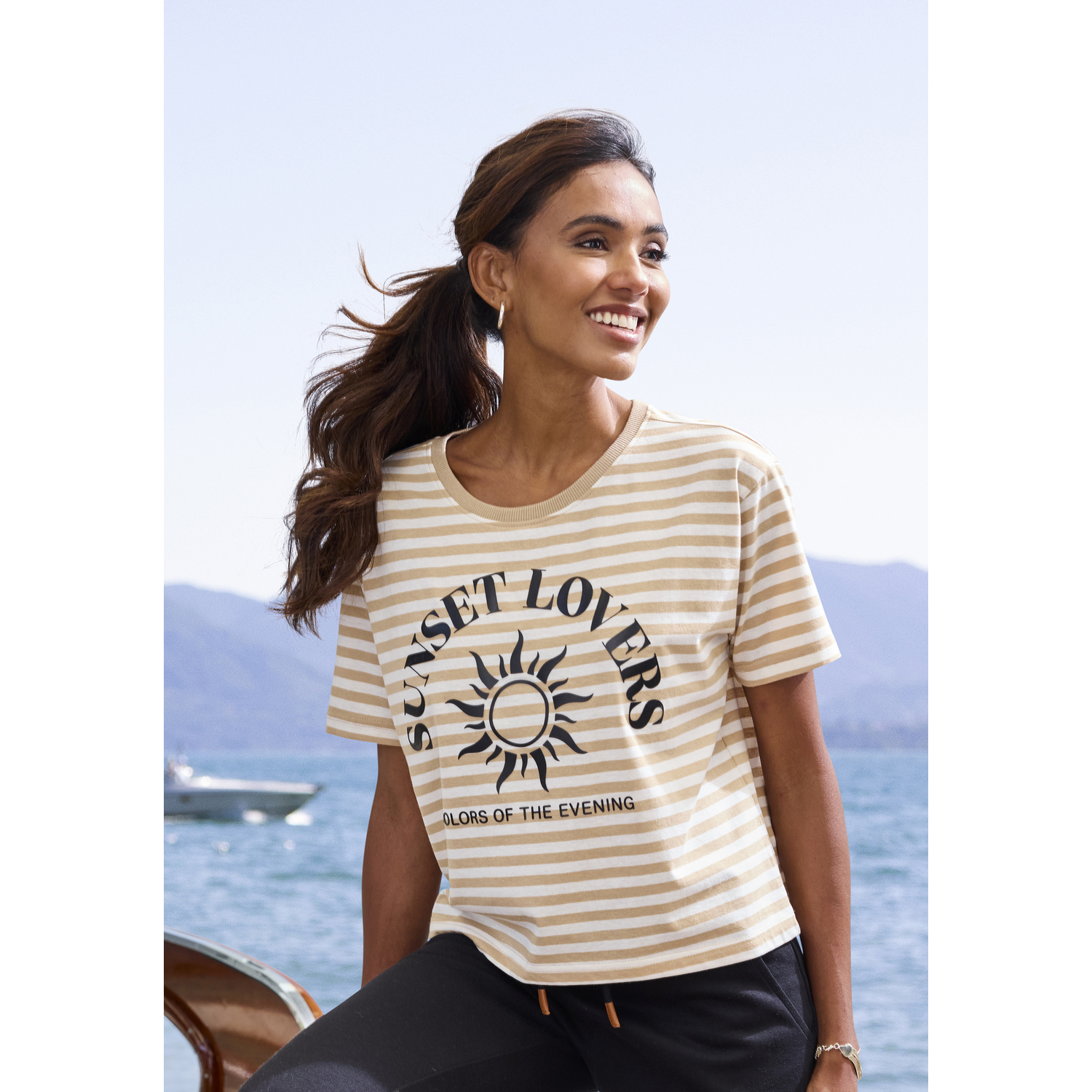 H.I.S T-Shirt Damen camelfarben gestreift Gr.36/38 von H.I.S