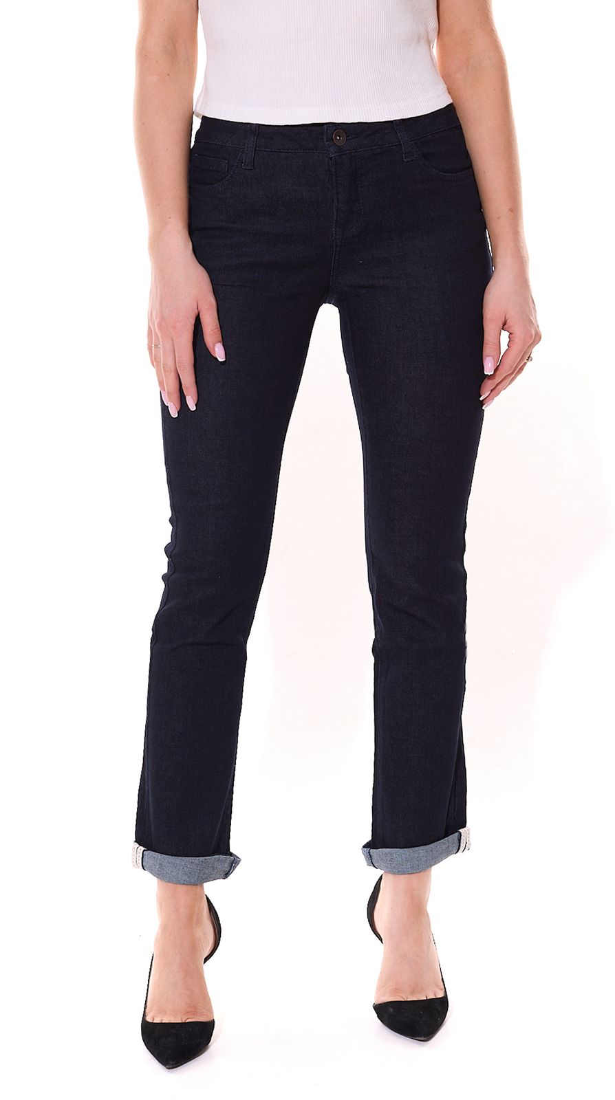 H.I.S. Damen Denim-Hose Jeans verkürzte Jeans mit Beinumschlag Baumwolle 66475509 Dunkelblau von H.I.S