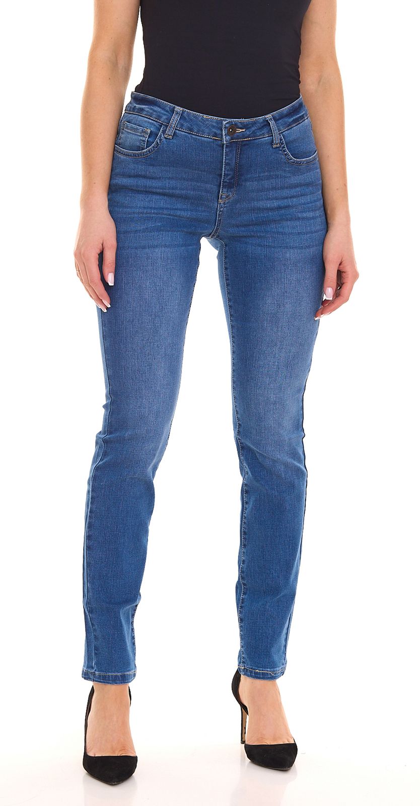 H.I.S. Damen Denim-Hose Slim Fit Jeans Mid Waist Baumwolle-Hose 94315848 Blau von H.I.S