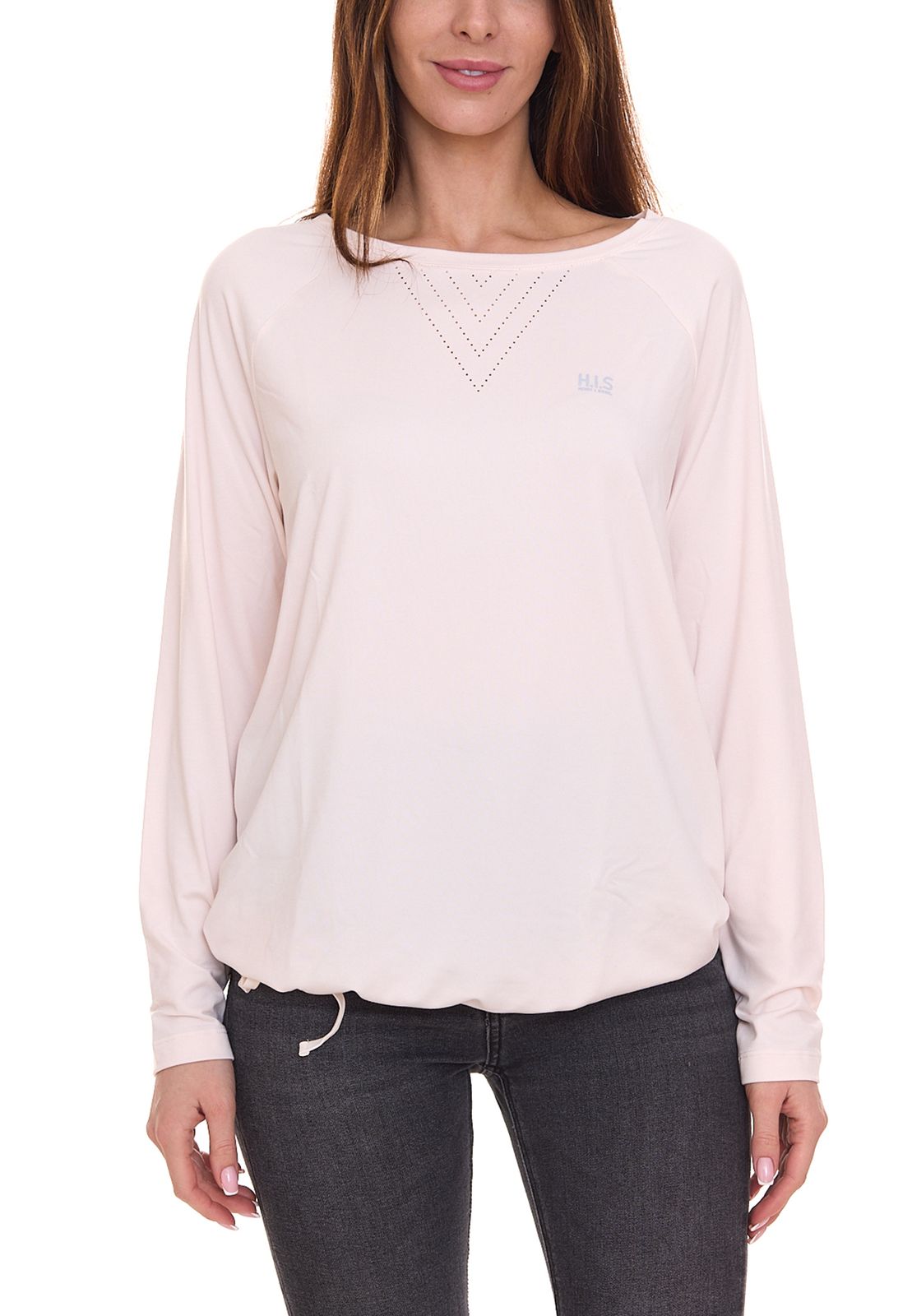 H.I.S. Damen Funktions-Shirt Sport Langarm-Shirt mit Loch-Musterung auf der Rückseite aus recycelten Materialien 46726332 Beige von H.I.S