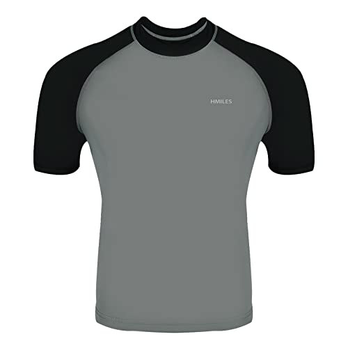 H.MILES Herren Rash Vest Rashguard Kurzarm schwarz Schnorcheln Schwimmen Surfen Tops Tauchen Anzug UV Schutz Beach T-Shirt Shortsleeve, Grey/Black, 3XL von H.MILES