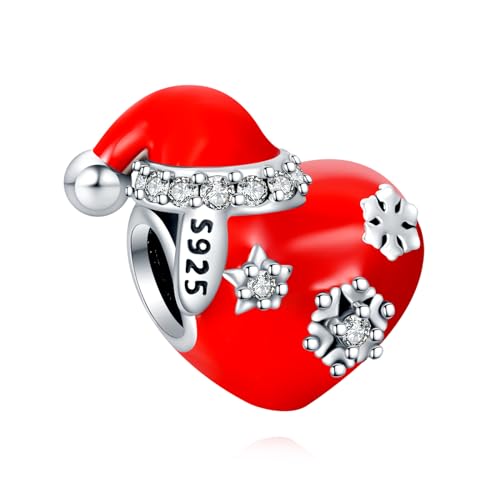 H.ZHENYUE Anhänger Charms 925 Sterling Silber Christmas Hat Red Heart Bead with Cubic Zirconia für Europäische Armbänder und Halskette,Schmuck Geschenk für Weihnachten,Valentinstag,Muttertag Damen von H.ZHENYUE