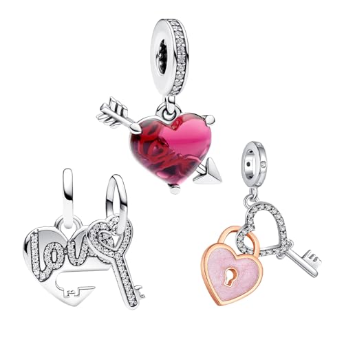 H.ZHENYUE Anhänger Charms 925 Sterling Silber Love Heart Key with Cubic Zirconia für Europäische Armbänder und Halskette,Schmuck Geschenk für Weihnachten,Valentinstag,Muttertag Pack von 3 Damen von H.ZHENYUE