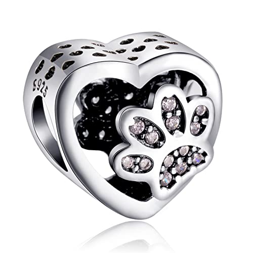 H.ZHENYUE Jewelry Charm Dog Paw Love Heart Beads fit Bracelet Necklace for Woman Girls,925 Sterling Silver Pendant Beads with Cubic Zirconia,Happy Birthday Christmas Halloween Valentine's Day Gifts von H.ZHENYUE