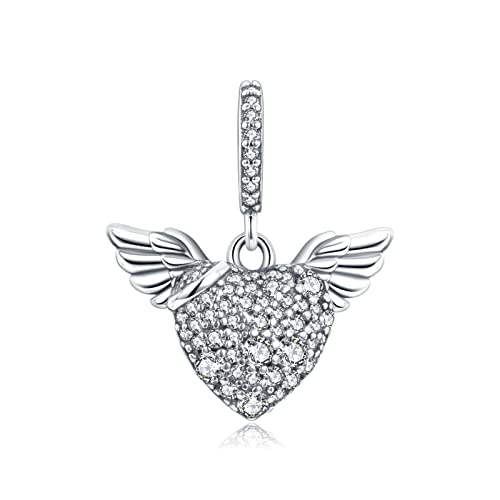 H.ZHENYUE Jewelry Pave Heart & Angel Wings Dangle Beads fit Bracelet Necklace for Woman Girls,925 Sterling Silver Pendant Beads with Cubic Zirconia,Birthday Christmas Halloween Valentine's Day Gifts von H.ZHENYUE