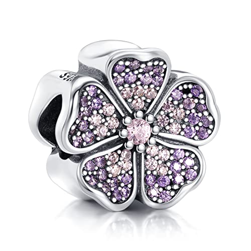 H.ZHENYUE Jewelry Purple Four Leaf Clover Dangle Beads fit Bracelet Necklace for Woman Girls,925 Sterling Silver Pendant Beads with Cubic Zirconia,Birthday Christmas Halloween Valentine's Day Gifts von H.ZHENYUE