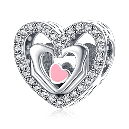 H.ZHENYUE Pave Love Heart & Hand Charm Bead fit Bracelet Necklace for Woman Girls,925 Sterling Silver Pendant Beads with Cubic Zirconia,Happy Birthday Christmas Halloween Valentine's Day Gifts von H.ZHENYUE