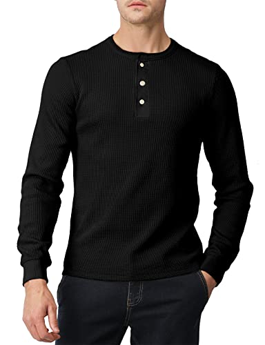 H2H Henley Herren Casual Slim Fit Baumwollhemden Langarm Leichter Waffelstoff, Cmttl045-schwarz, L von H2H