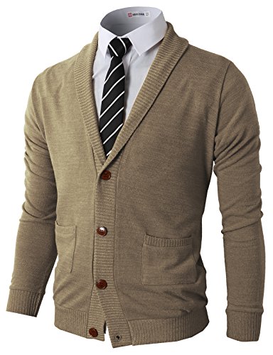 H2H Herren Basic Schalkragen Strickjacke Pullover mit geriffeltem Rand Gr. XXXX-Large, beige von H2H