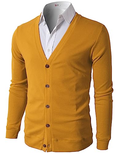 H2H Herren Casual Slim Fit Cardigans V-Ausschnitt Basic Designed Langarm Button Down, Cmocal012-Senf, S von H2H