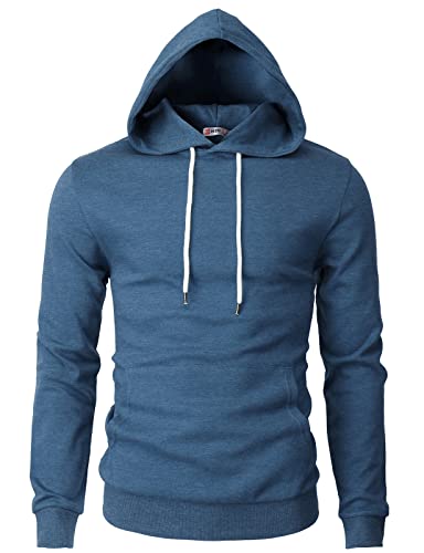 H2H Herren Casual Slim Fit Doppelter Baumwollstoff Langarm Hoodie Pullover Kapuzenpullover Sweatjacke Kapuzenjacke Shirts mit Kangatasche, Cmohol050-Stahlblau, Large von H2H