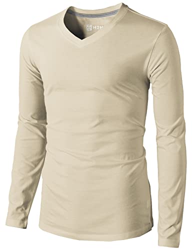 H2H Herren Casual Slim Fit Langarm T-Shirts Weich Leicht V-Ausschnitt Rundhalsausschnitt Größe XS bis 3XL, Kmttl0374-Sand, Mittel von H2H