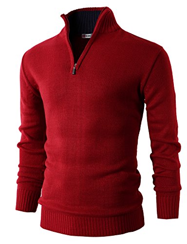 H2H Herren-Pullover, Slim Fit, langärmelig, gestrickt, mit Reißverschluss - Rot - Groß von H2H
